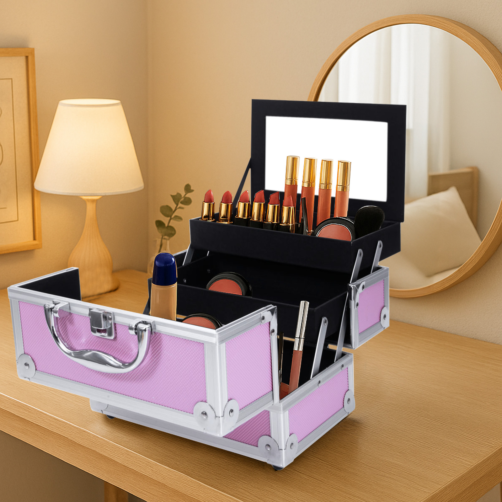 Travel Accessories Organizer Case - Pink Aluminum Alloy Makeup Case, Double